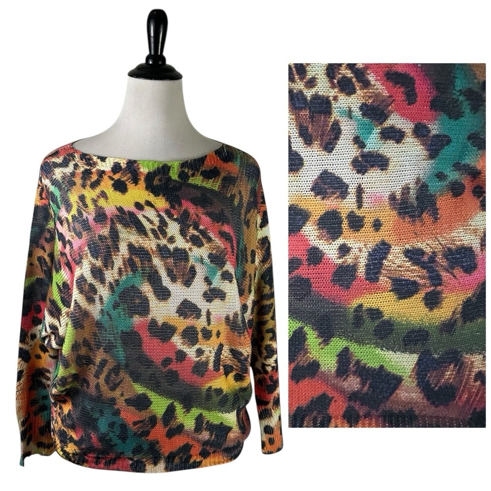 FREE FOR HUMANITY Cheetah Rainbow SWEATER M Dolman Leopard Animal Maximalist